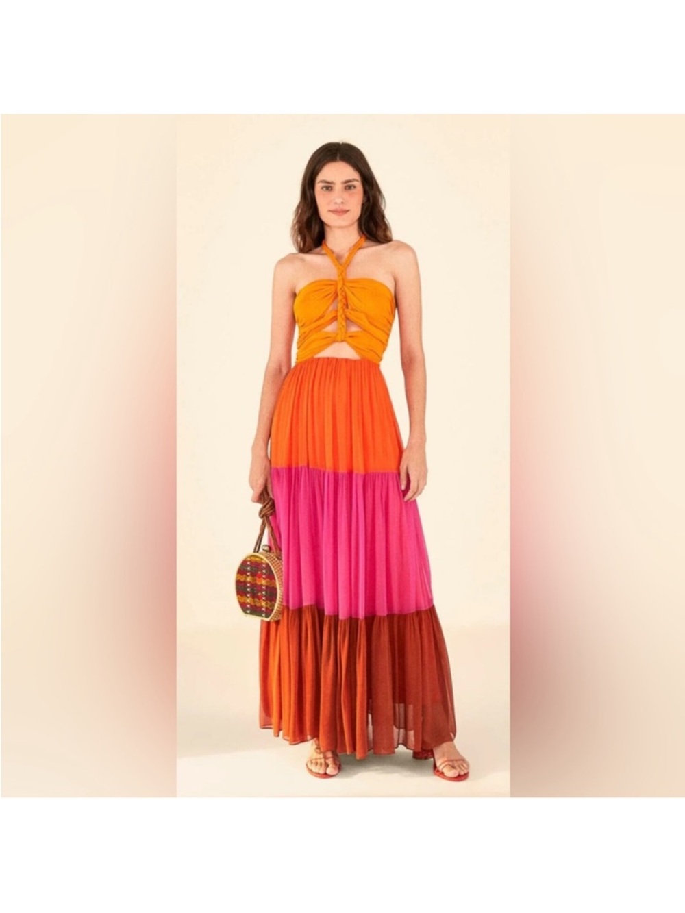 FARM Rio Ruched Halter Maxi Dress in Orange, Pink & Brown
